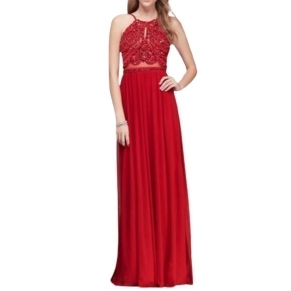 Blondie Nites | Red Beaded High Halter Top Floor Length Gown​​​​​ - Picture 1 of 14